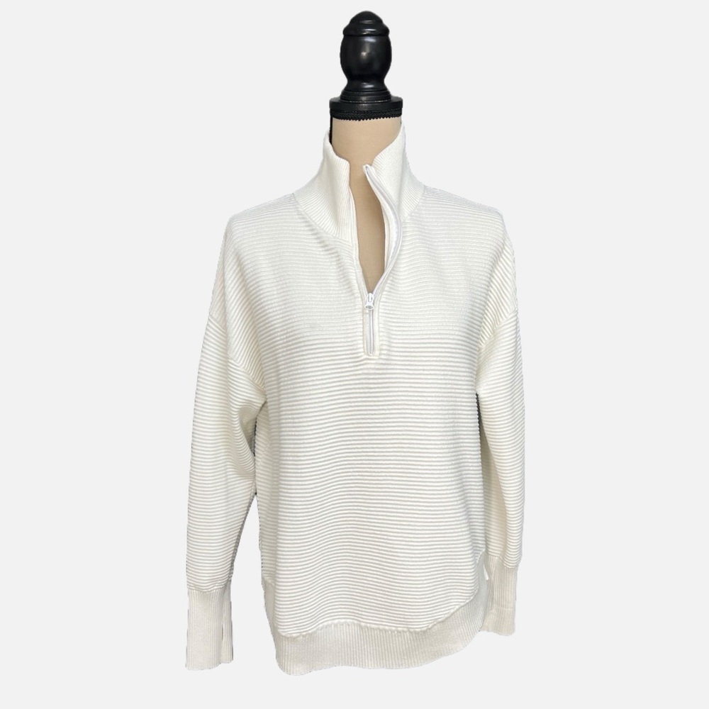 White Ribbed Half Zip Pullover Women’s XL Soft Cozy Lounge Sweater Top - Picture 2 of 7